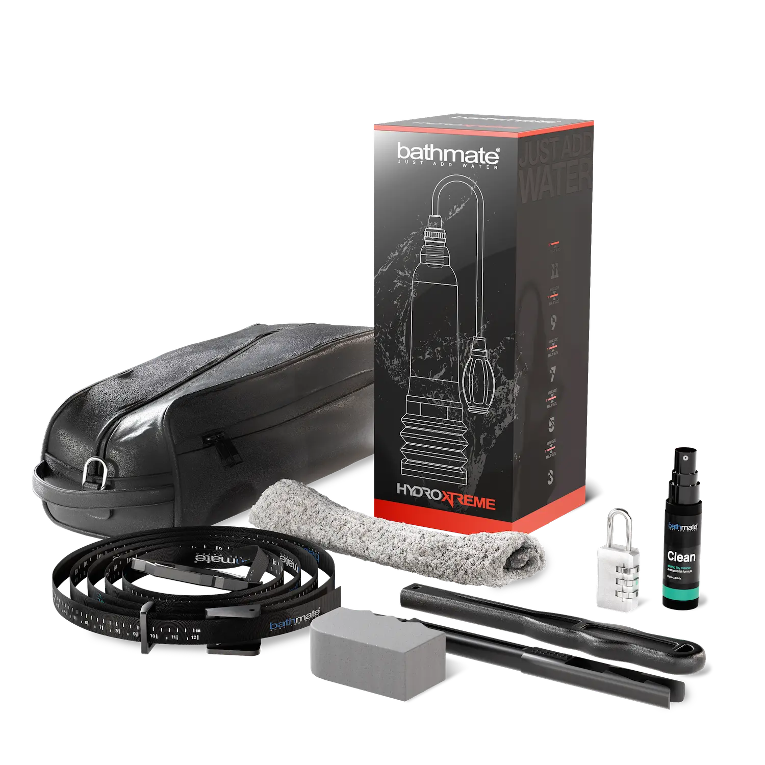 HydroXtreme8 penis pump kit including pump, carrying case, attachments, and cleaning spray.