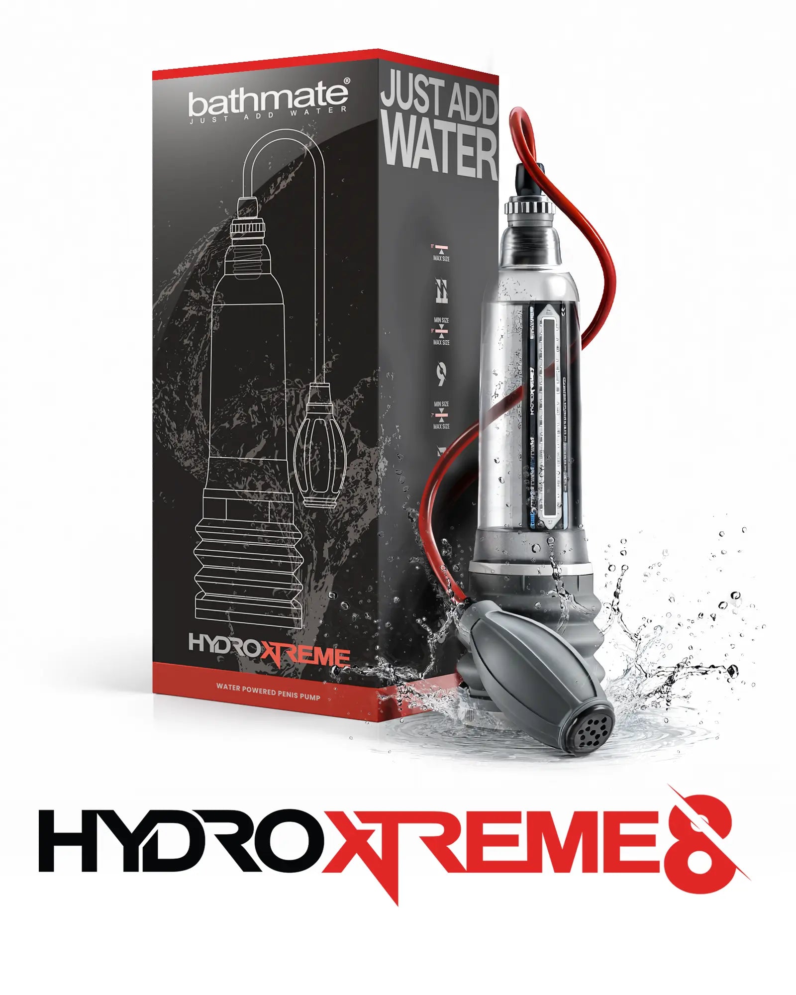 HydroXtreme8 penis pump by Bathmate with packaging, designed for enhancing size and stamina.